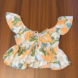 Floral Peplum Tie-Front Top in Peach & Green